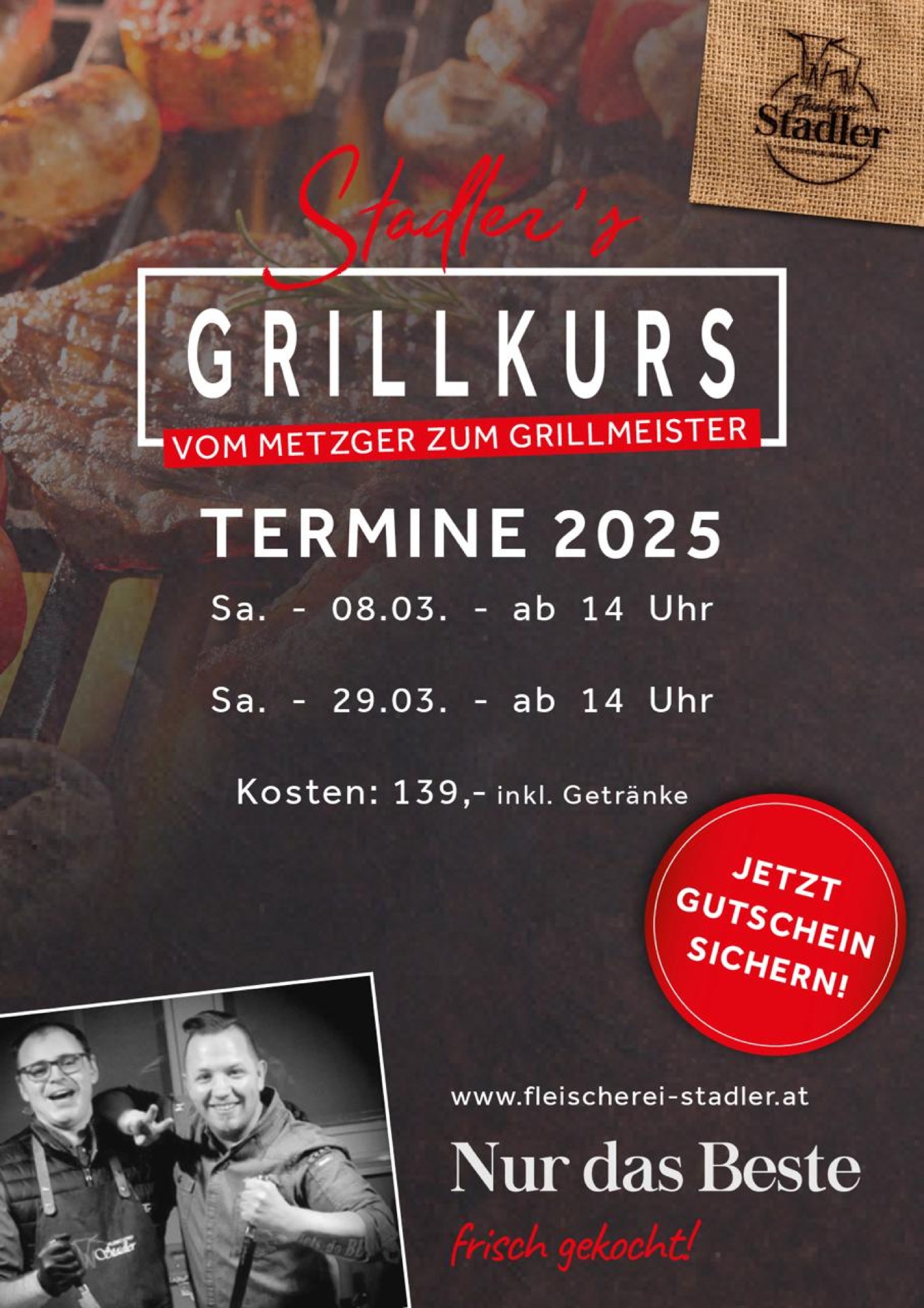 Grillkurs vom Metzger zum Griller, Fleischzerlegung, grillen, Grillkurs 2025, Fleischerei Stadler, Grillkurs mit dem Profis, 